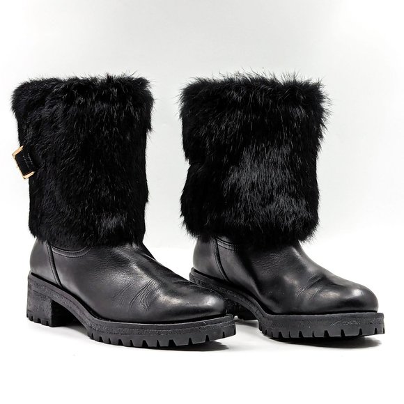 Tory Burch Women Joni Fur Cuff Buckle Logo Black Leather Mid Calf Boots size 7 - Picture 1 of 12